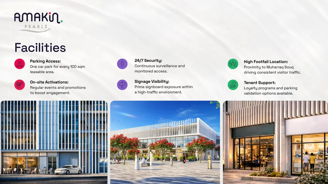 Amakin Pearls leasing pack spread with storefront renders
