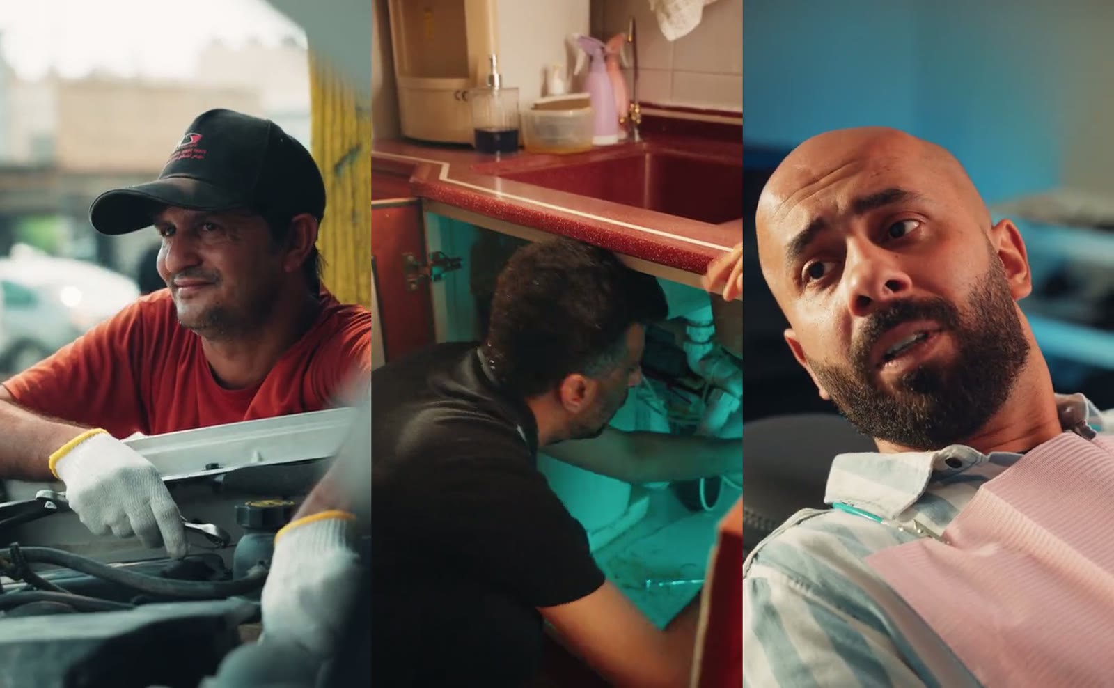 Three frames from the FLOOSS hero reel side by side: the mechanic, the plumber under the sink, Fahad in the dentist's chair