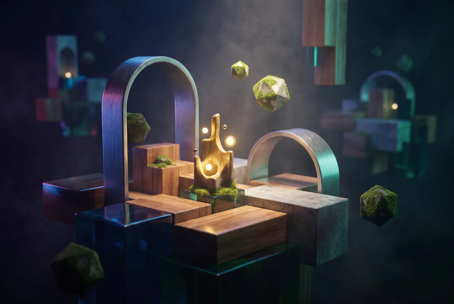 A hyperreal 3D render of an impossible built miniature world in a studio void