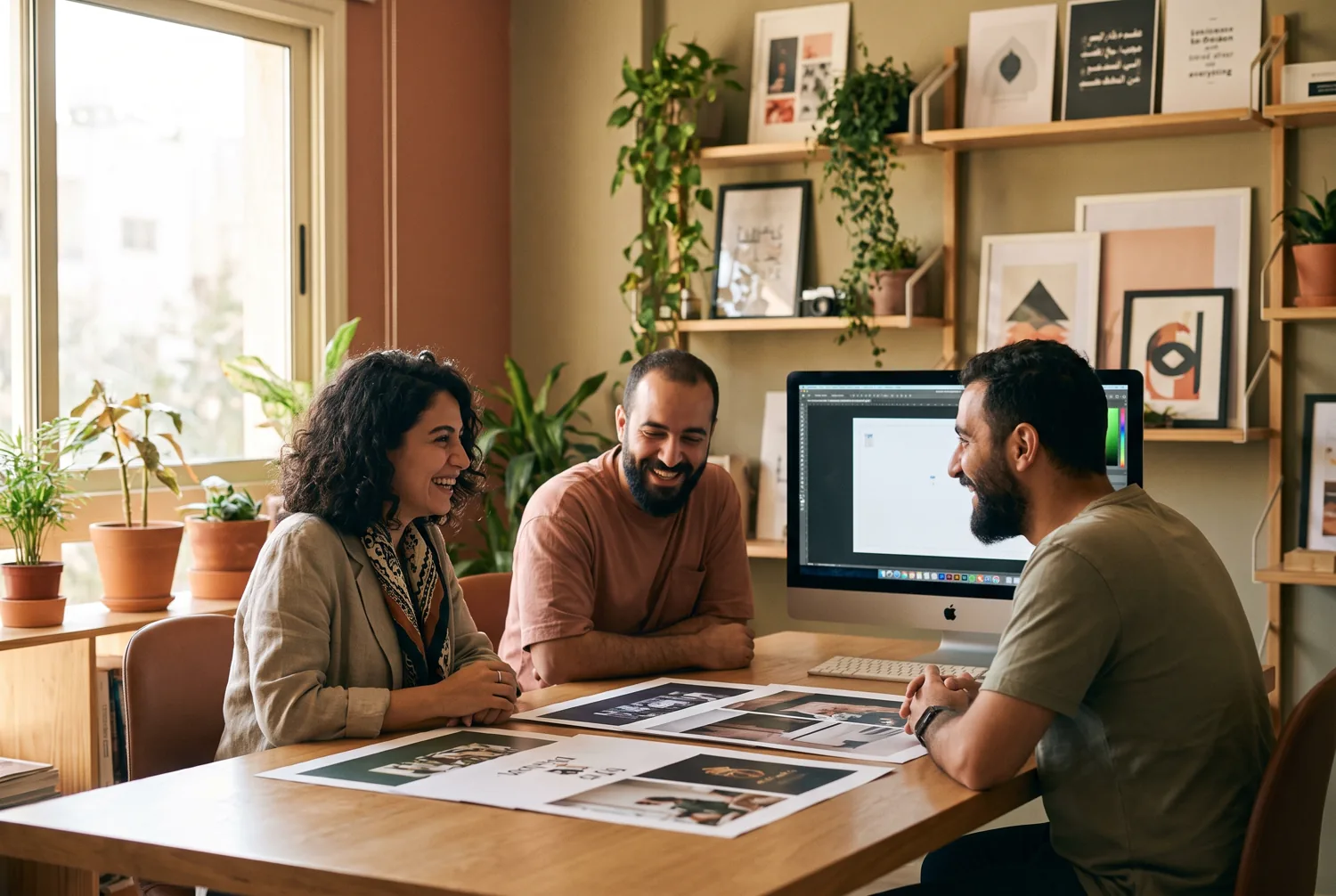 A brand manager and creative team reviewing work together at a studio table