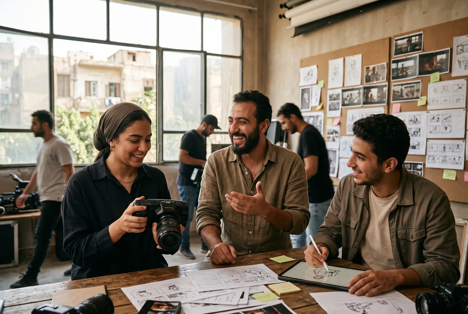 A Middle Eastern creative crew collaborating in a warm studio