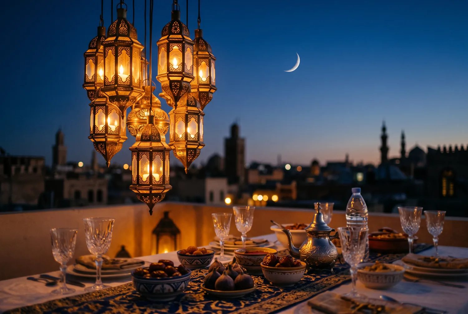 Glowing Ramadan lanterns and a crescent moon at dusk