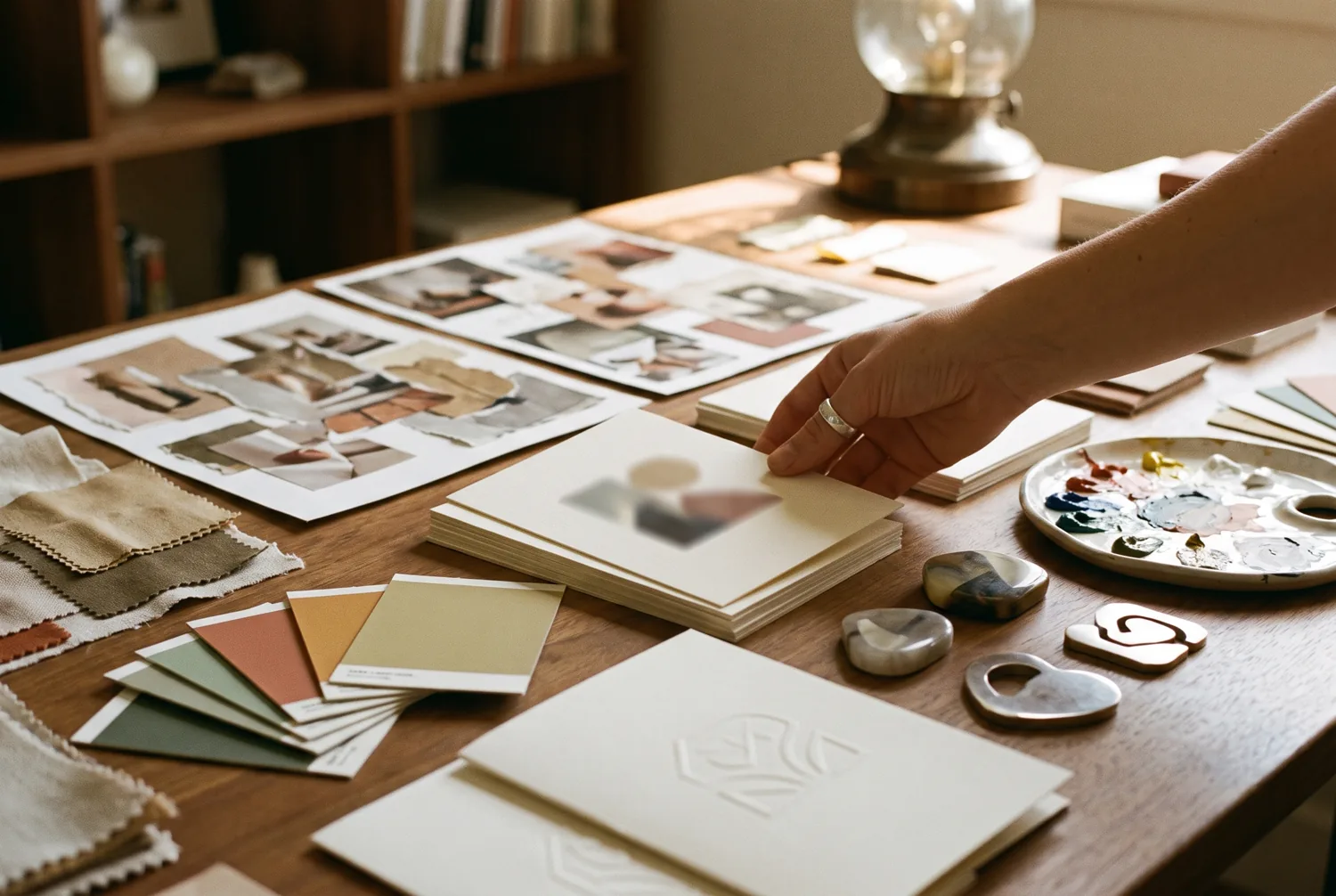 A brand identity refresh laid out on a design studio desk with swatches and collateral