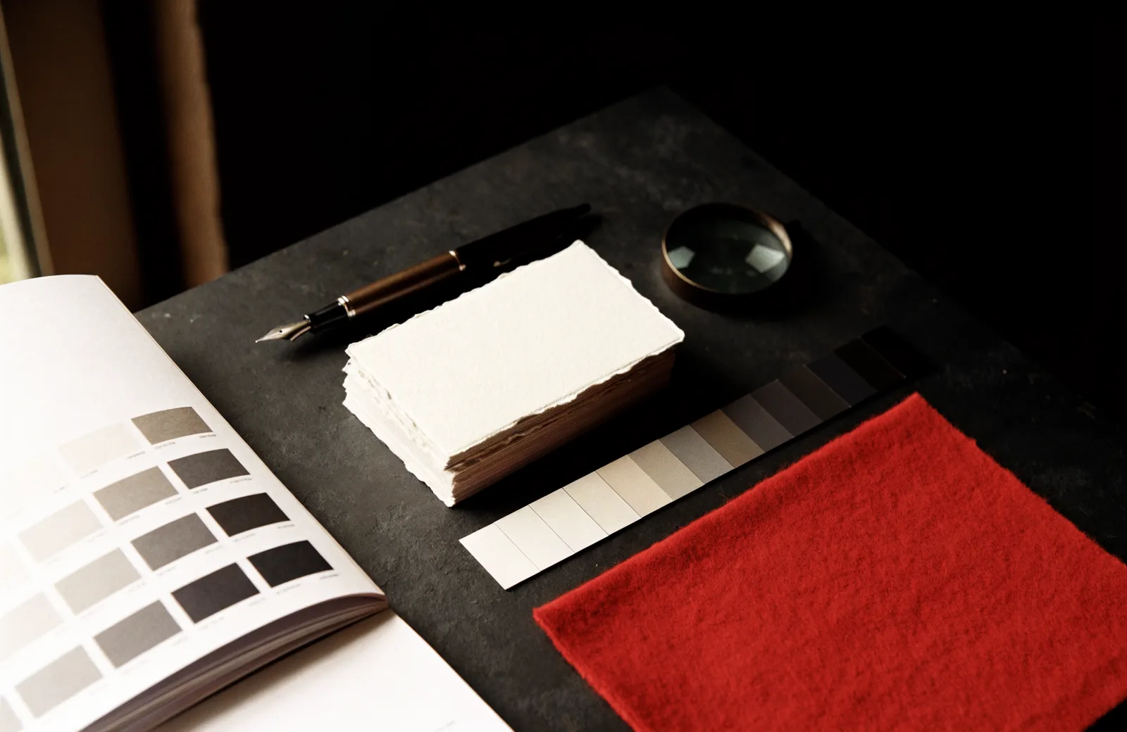 Brand guidelines, swatches and letterpress cards on a dark studio desk