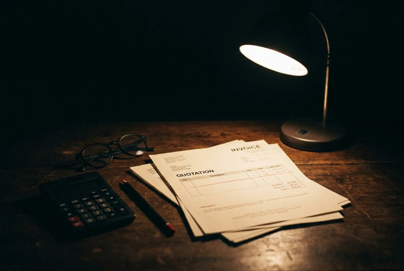 A freelancer's desk at night: quotation and invoice under a lamp with a calculator