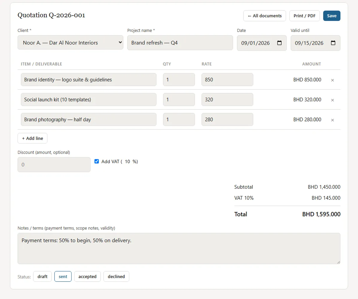 Free quotation and invoice maker for freelancers with itemized deliverables, VAT and totals