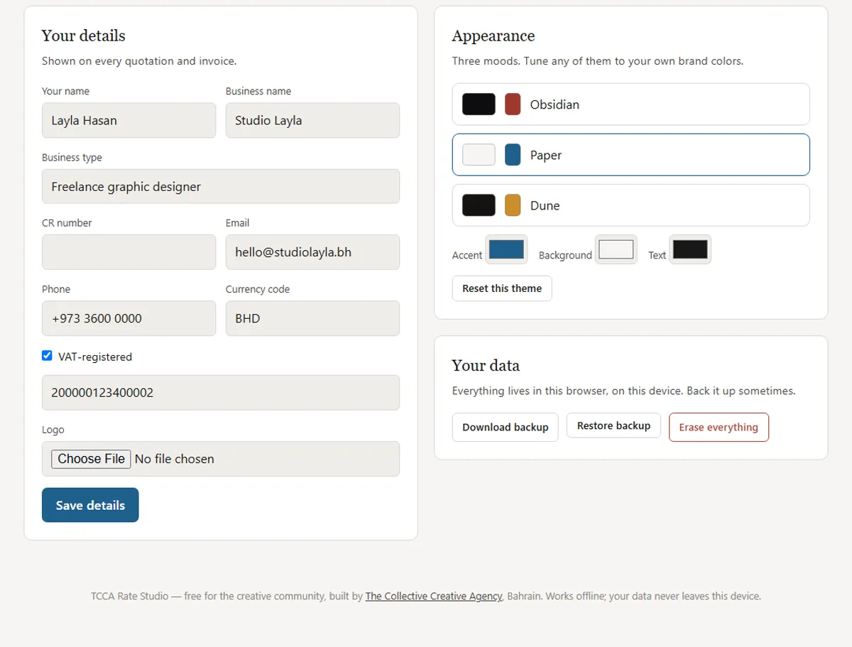 Rate Studio settings showing three customizable themes and local data backup options