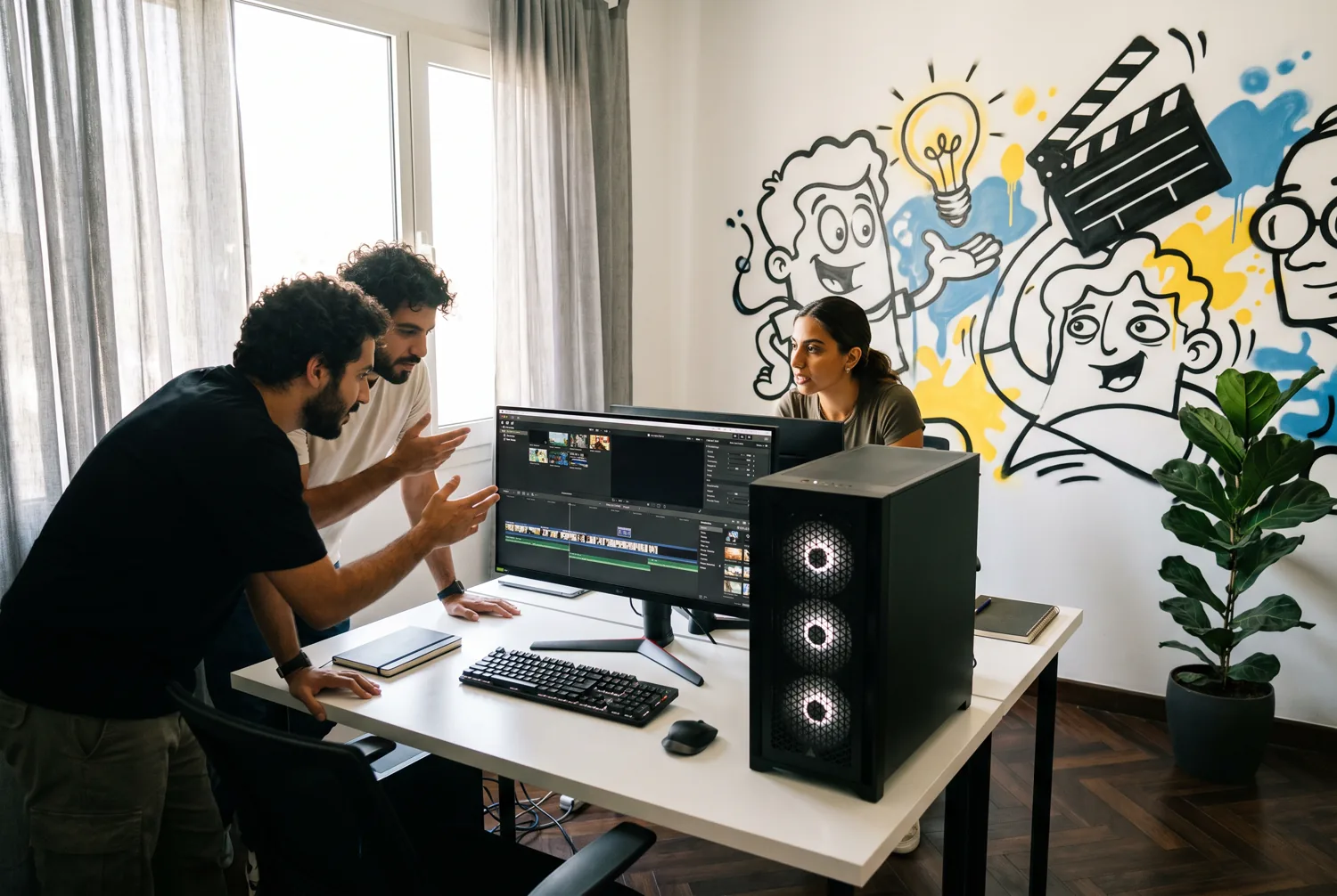 Three Middle Eastern creatives collaborating over an editing timeline at a TCCA studio desk