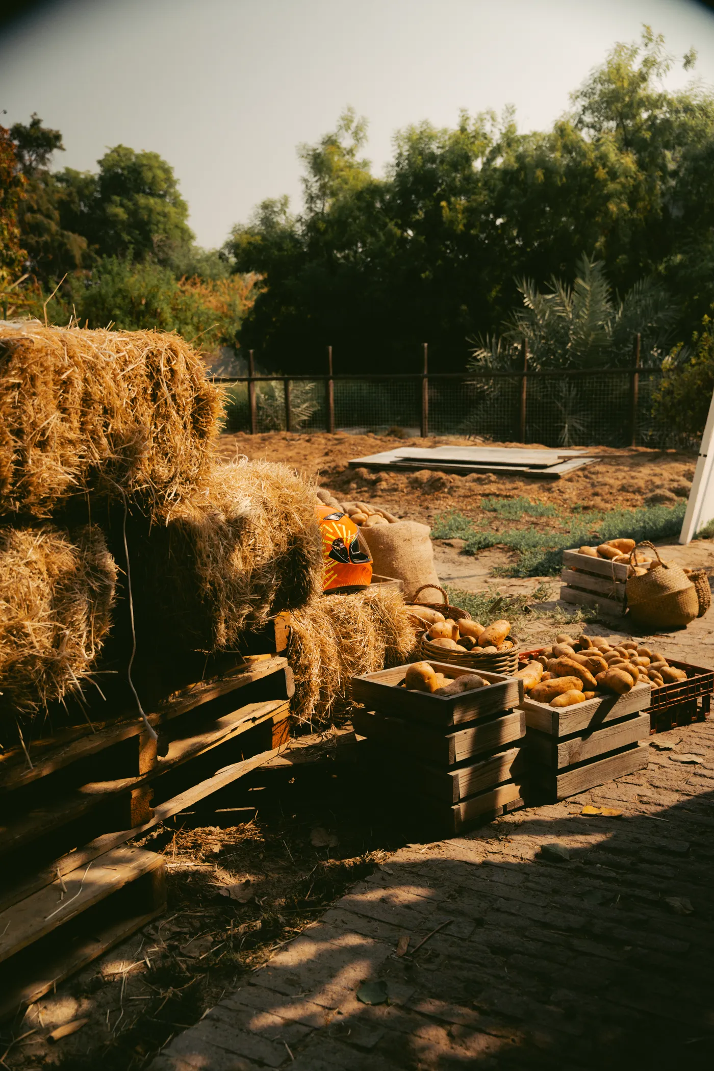 Hay bales and crates of potatoes built by the art department for the Tmart farm set